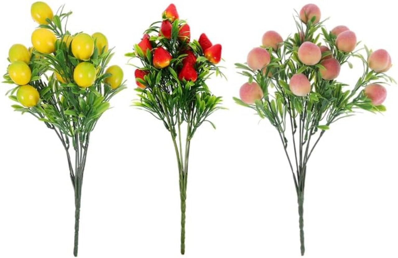 3Pcs Artificial Fruit Plants Branches, Faux Lemon Peach Strawberry Bouquets, Plastic Decorative Simulated Fake Fruit Table Centerpiece for Home Decor, Party, and Photo Props